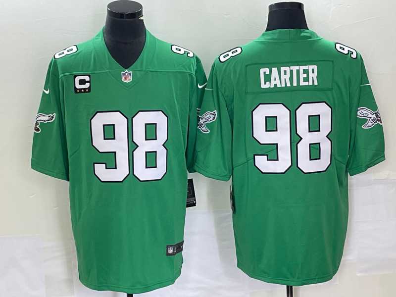 Mens Philadelphia Eagles #98 Jalen Carter Green C Patch 2023 Vapor Limited Throwback Jersey